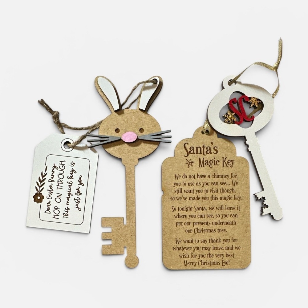 Easter Bunny & Santa Claus Magic Key Sets Holiday Ornaments Laser‎ Cut Wood Kids